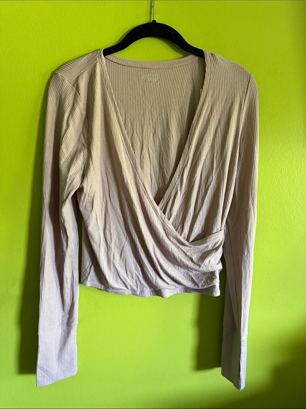 NWT Aerie Offline Dusty Pink Taupe Ribbed Faux Wrap Stretch Top Shirt Size L